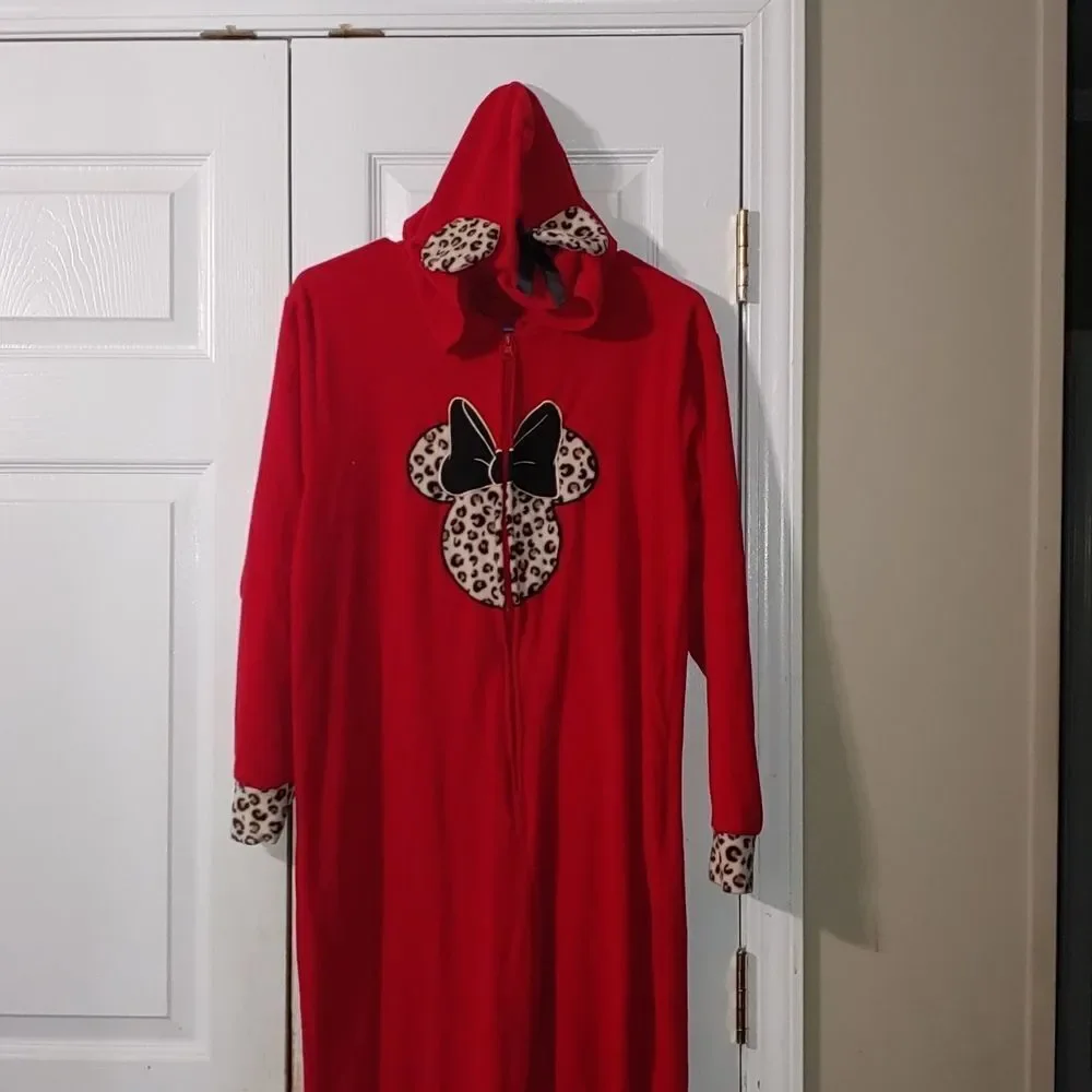Disney Minnie Mouse Hoodie Leopard One Piece Pajama Onsie SZ M - Picture 3 of 9